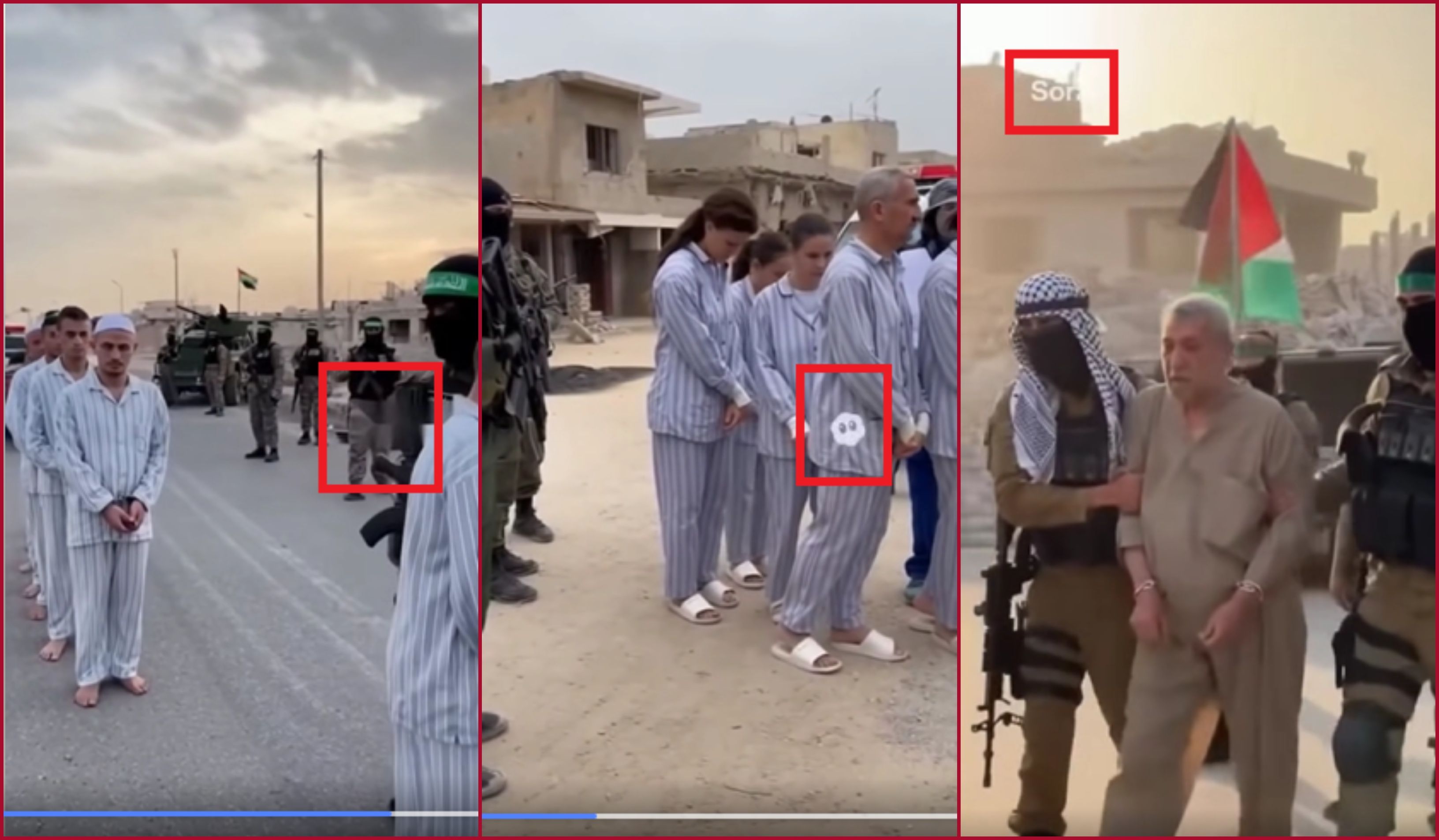شعار Sora على لقطات من الفيديو، وآثار تمويهه في اللقطة الثالثة الى اليسار