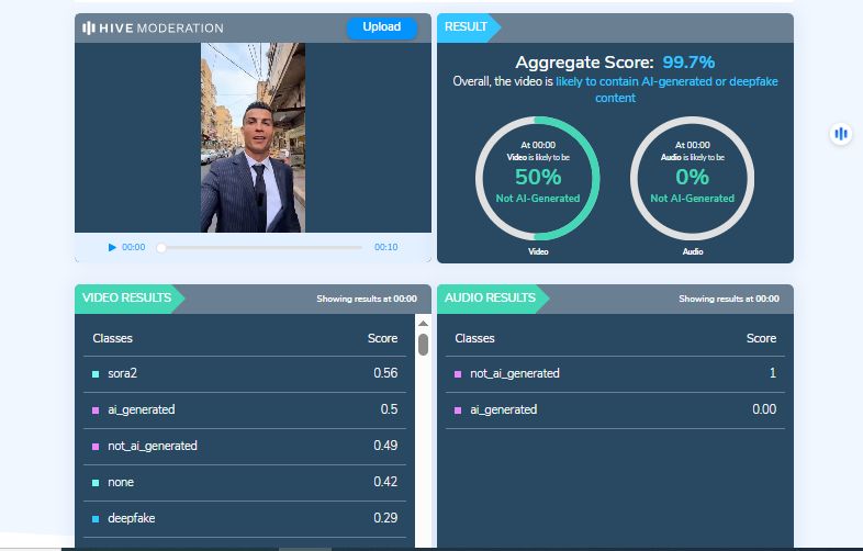 نتيجة فحص الفيديو في موقع Hive Moderation