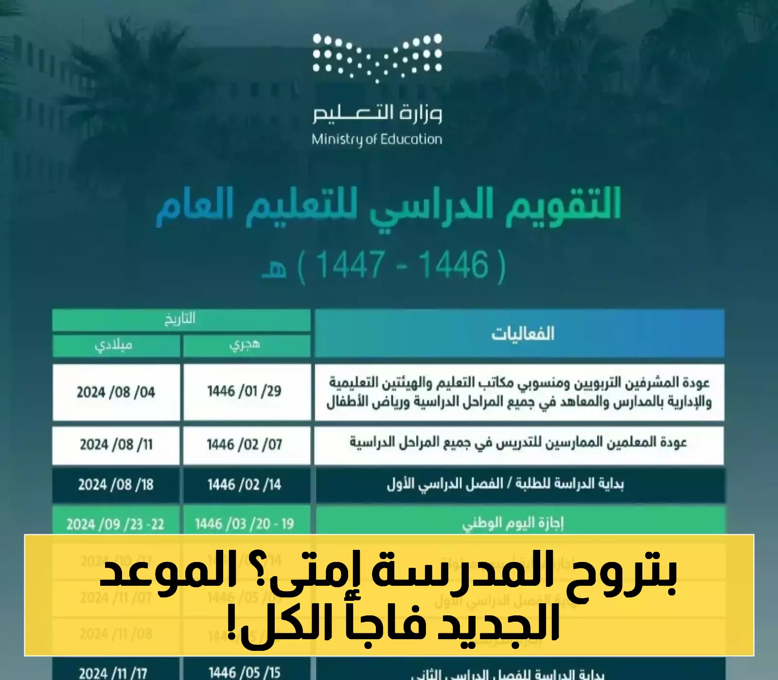 التعليم السعودية تعلن موعد بدء العام الدراسي الجديد 1447هـ: عودة المعلمين قبل الطلاب بأسبوع!