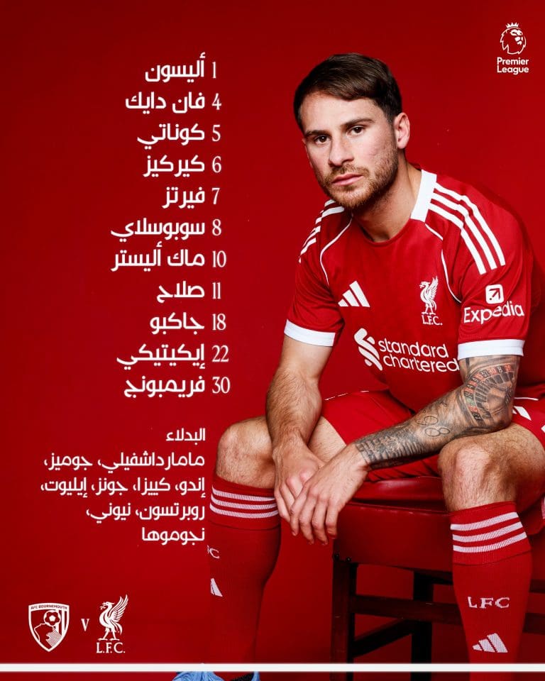 انطلاقة الريدز: التشكيلة الرسمية لليفربول في مواجهة بورنموث بافتتاح الدوري الإنجليزي